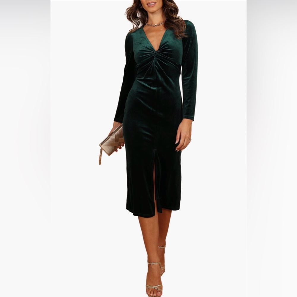 LISSE TWIST FRONT LONG SLEEVE VELVET MIDI DRESS - EMERALD NWOT
